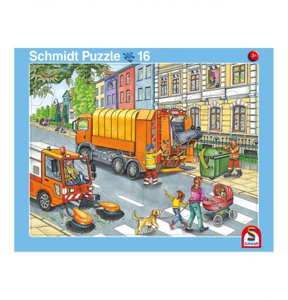 Schmidt Spiele 56791 Rahmenpuzzle Fahrt mit dem Müllauto 16 Teile / Achtung, Baustelle! 24 Teile