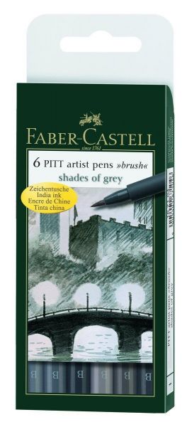 Faber-Castell 167104 Pitt Artist Pen Brush Tuschestift, 6er Etui, Shades of grey