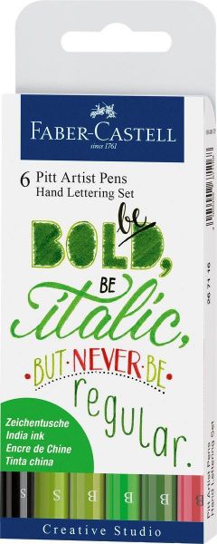 Faber-Castell 267117 Pitt Artist Pen Tuschestift, 6er Etui Lettering, Grüntöne